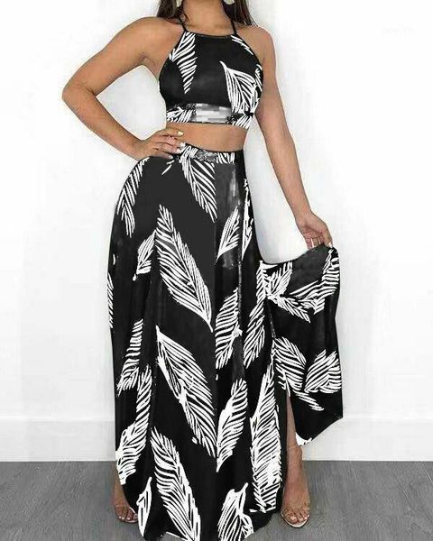 

2020 summer 2pcs print floral sleeveless short halter + skirt beach wear dress outfit holiday casual women's skirt sets1, White