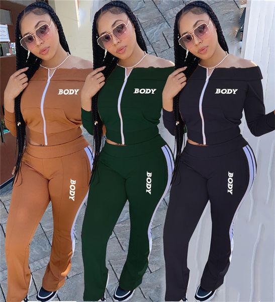 

women designers clothes body letters off shoulder long sleeve zipper jacket pants embroidery two pieces clothes outfits sports sets d102805, White