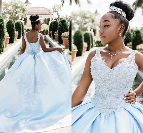 

light sky blue plus size sweet 16 dresses vestidos de quinceanera dress satin embroidered beaded ball gown applique straps lace-up ball gown, Blue;red