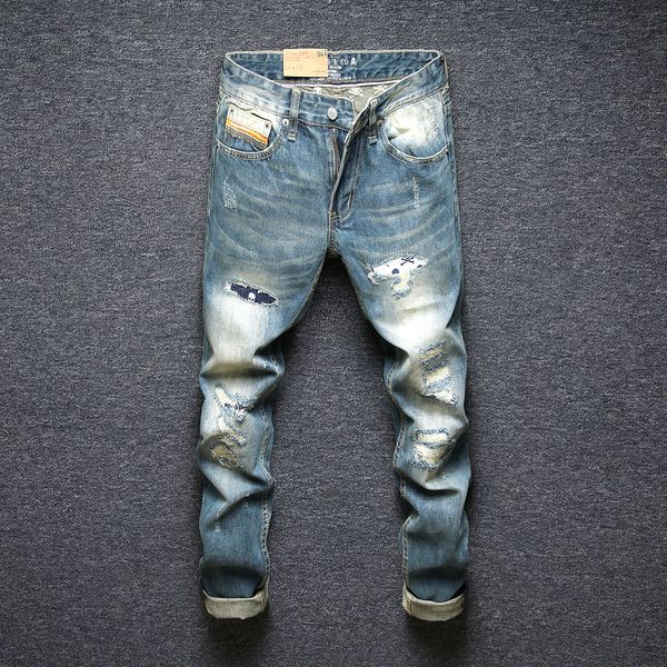 

2021 japanese style new fashion men jeans retro blue destroyed ripped denim pants skulls embroidery patches designer hip hop trousers iwbp