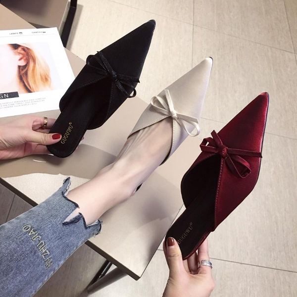 

thin heels slippers casual shoes woman 2021 cover toe female mule butterfly-knot low pantofle luxury mules pointed new fashion, Black