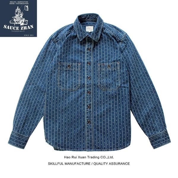

saucezhan selvedge shirt selvedge denim discharge process square denim shirt men shirt long sleeve mens dress shirts casual y200408, White;black