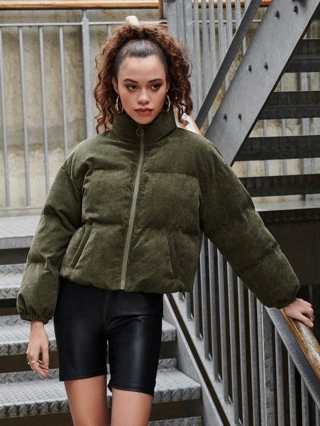 

drop shoulder o-ring zipper corduroy puffer coat n528#, Black