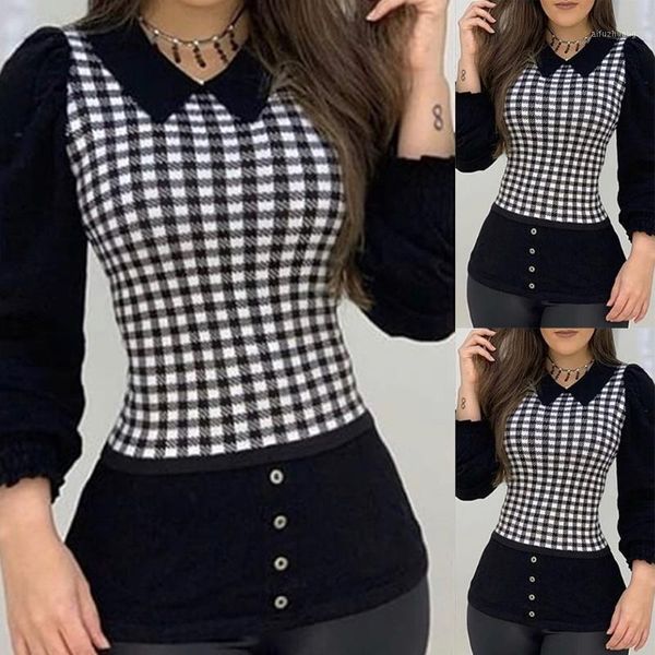 

blouse women clothes long sleeve button plaid blouses shirts turn-down collar vintage patchwork blouses slim shirts1, White