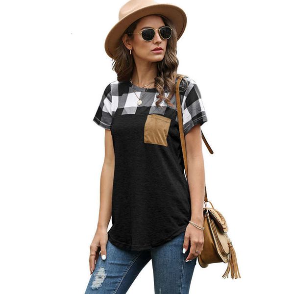 

women's new 2020 round neck summer plaid t-shirt, Black;gray