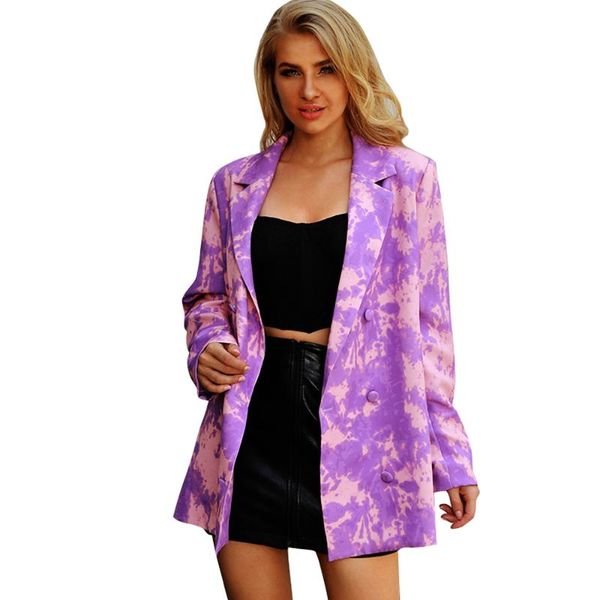 

fashion purple tie dye double breasted blazer coat women jacket 2020 autumn vintage long sleeve pocket oversize chic suit coat, White;black