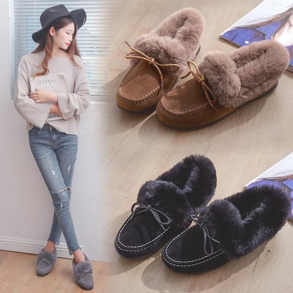 

2020 new boots women's short tube hair bow warm comfortable cotton shoes student suede flat boots, Black