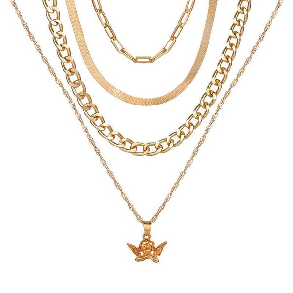 

multilayer gold color alloy snake bone initial chain necklaces retro angel heart pendant necklace set for women jewelry gift1, Silver