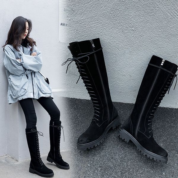 

2021 women knee-boots 22-25 cm in length spring and autumn eather foxglove cow suede woman shoes o9js, Black