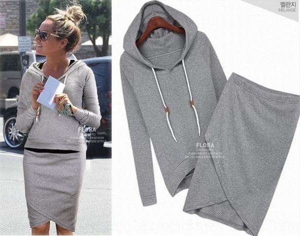 

ig9cl long sleeve hooded hoodie hip irregular irregular two-piece set long sleeve hooded two-piece sweater hip skirt skirt hoodie swe, Gray