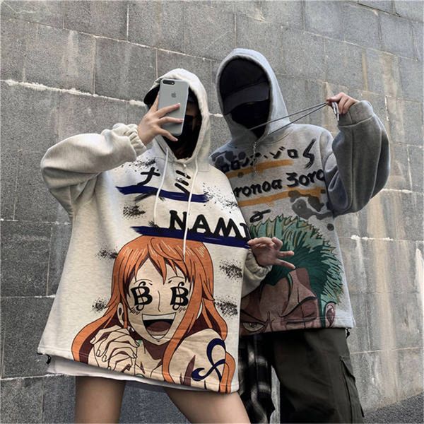 

fashion men women fleece one piece hoodies japan cartoon sweatshirts loose hip hop streetwear style autumn winter casual coats 201007, Black