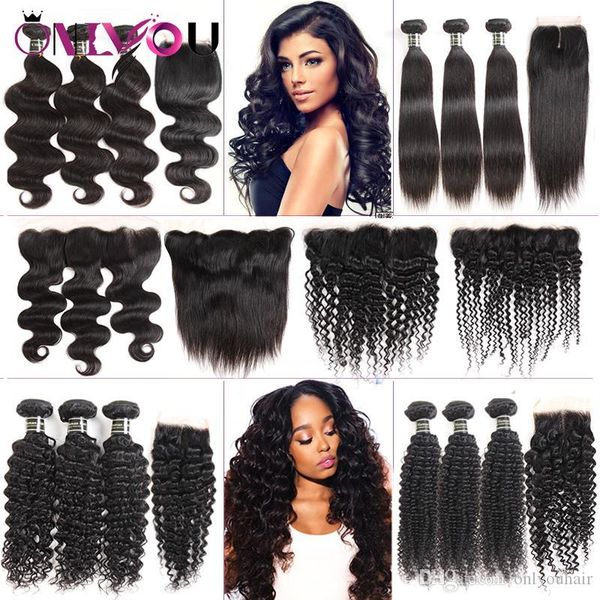 

brazilian virgin hair lace frontal bundles 9a grade peruvian human hair extensions deep wave curly hair weaves closure with 3 bundles, Black;brown