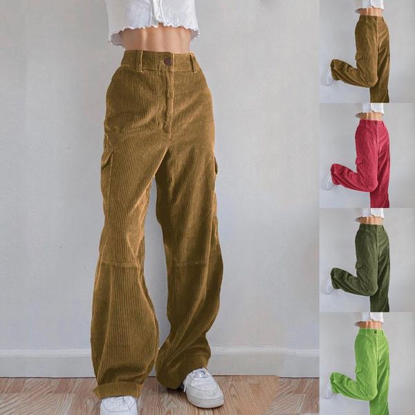 

women solid color high waist pockets long loose straight pants corduroy trouser female straight pants streetwear women trousers, Black;white
