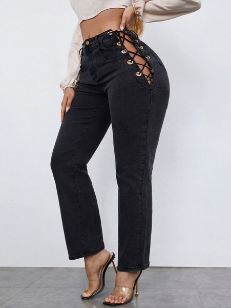 

sxy lace up straight leg jeans 95i4#, Blue
