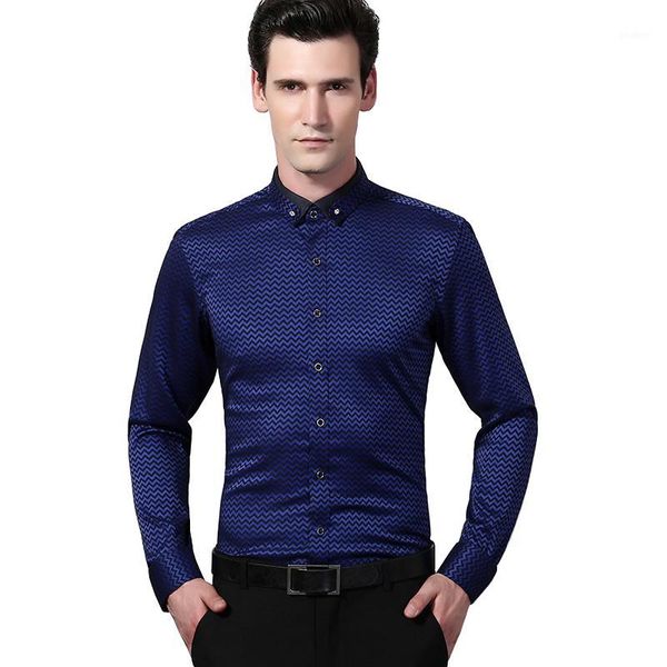 

wholesale- spring 2017 men's wave stripe dress shirts high-quality slim-fit long sleeve diamond buckle unique button-down shirt1, White;black