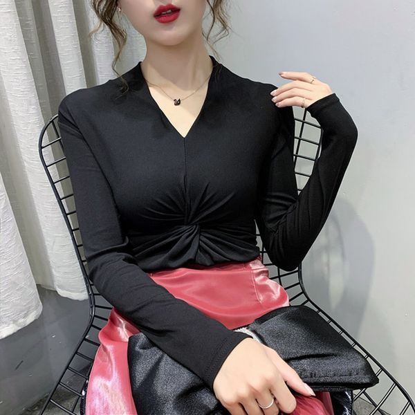 

v-neck clothest-shirt clothingbottomed long sleeve t-shirt women's slim 2020 spring new style tight knit ins women's wear ikxy4 ik, White