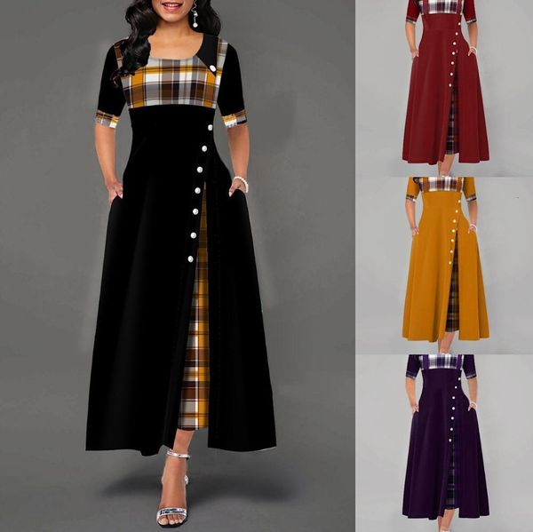 

half sleeve elegant women irregular dress patchwork plaid pocket long summer dress big swing party dress vestidos, Black;gray