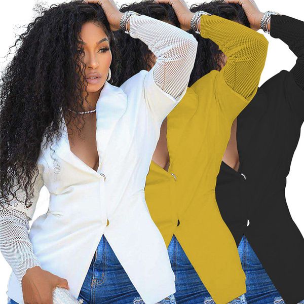 

women casual suit blazer coat fashion mesh patchwork solid color long sleeve coat women designers clothes, White;black
