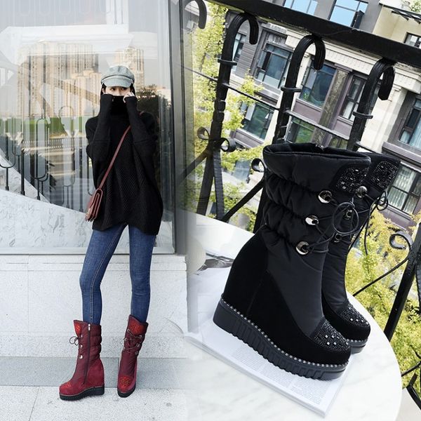 

boots snow women winter warm platform wool waterproof shoes wedges heels knee high suede bota, Black