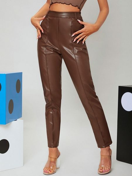 

high waist skinny pu leather pants b5m4#, Black;white
