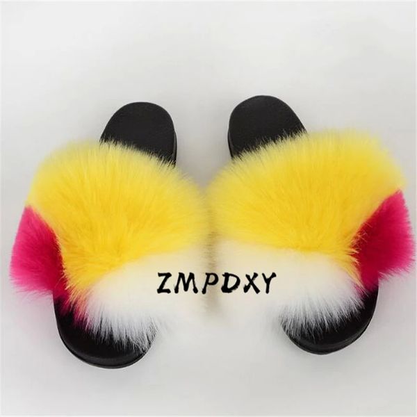 

women winter faux fur slides woman's fake raccoon fur slippers ladies indoor home flat plush shoes female open toe furry sandals #a88a, Black