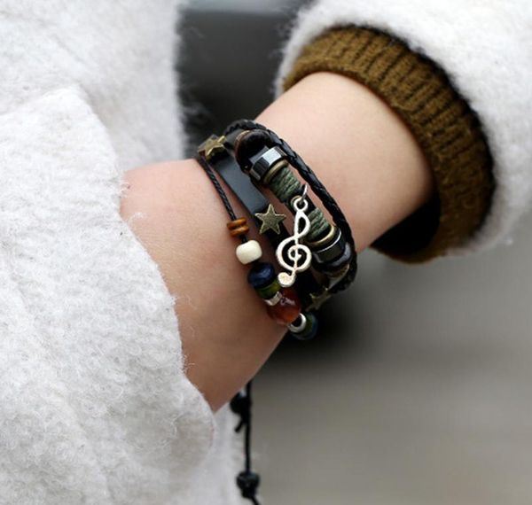 

leather adjustable g beads black bracelet layers boho note star brown musical metal charm hippie clef wooden wrap gypsy jllbp, Golden;silver
