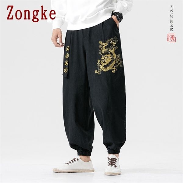 

zongke dragon embroidery pants men joggers trousers men pants streetwear sweatpants harem pants men trousers 5xl spring new 201118, Black