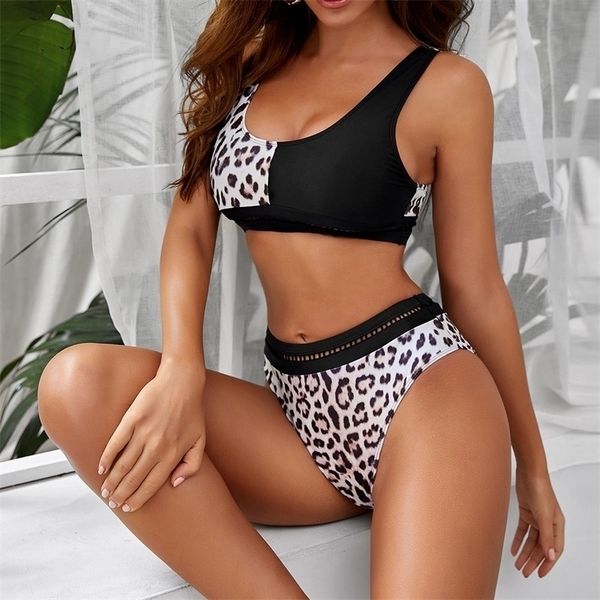 

new ladies fashion color matching leopard print high waist split 2021 new bikini swimsuit suit pool party#40, Black;white