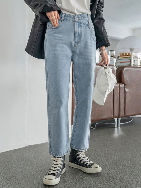 

dazy asymmetrical waist light wash mom jeans s8o8#, Blue