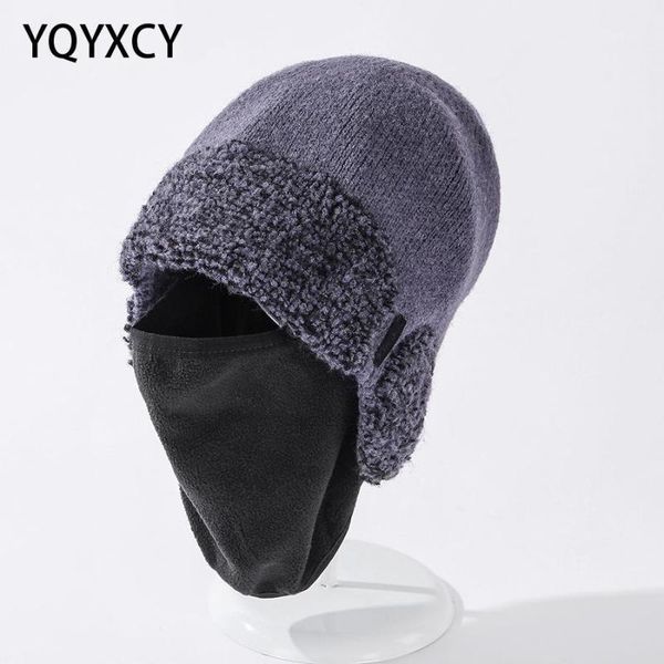 

beanie/skull caps yqyxcy hat winter men women knitted beanie with mask windproof ear face protection thick warm casual outdoor bonnet gorro, Blue;gray