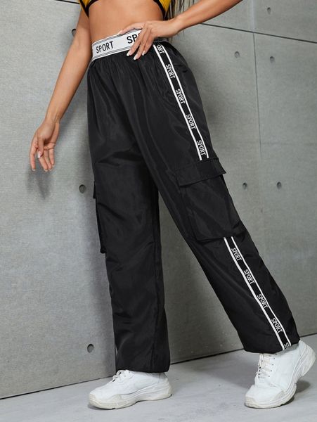 

letter tape side flap pocket pants 62et#, Black;white