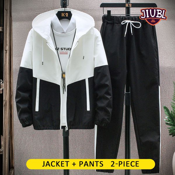 

jiubl men fashion sets tracksuit men autumn winter hooded sweatshirt sportswear 2020 male suit pullover two piece set casual 1022, Gray