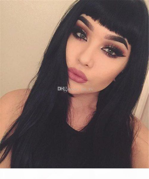 

130% 150% 180% density lace front human hair wig glueless with bangs silky straight peruvian remy hair wig bleached knots, Black;brown