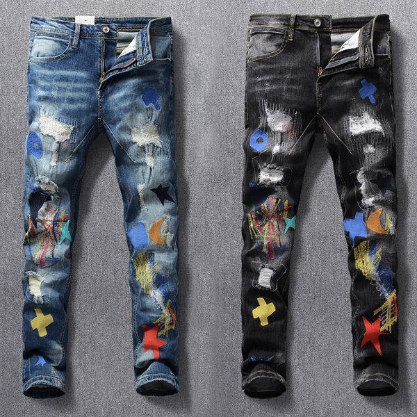 

american streetwear fashion men jeans elastic slim fit ripped denim pencil pants homme patches designer stretch hip hop trousers 201117, Blue