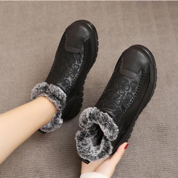 

women's snow boots slip on short boots female flat winter ladies sewing warm plush platform shoes ankle flower casual, Black