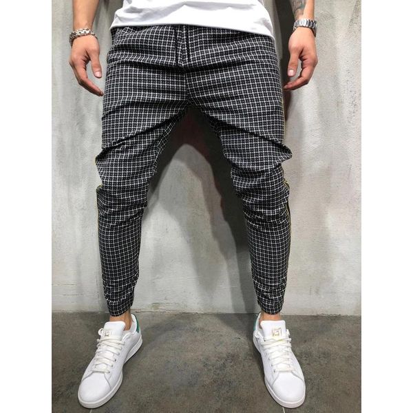 

men casual pants slim fit plaid full length trousers mens clothing, Black