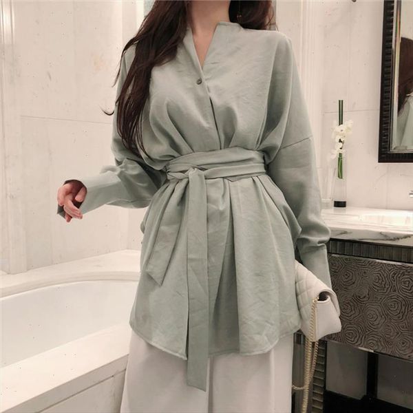 

bgteever autumn v neck lace up long women blouse shirt elegant slim waist female blusas casual women bandage, White