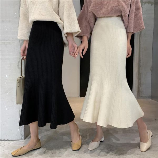 

high waist autumn skirt long knitted winter 2019 women ruffles hem knit winter retro package hip skirt female, Black