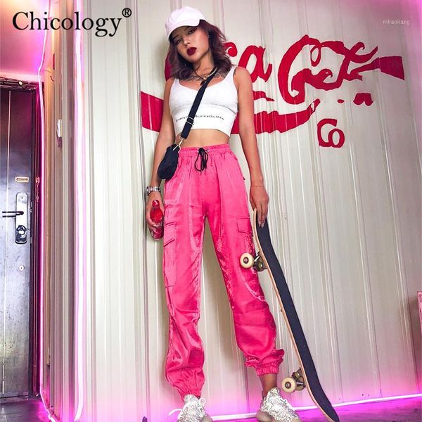 

women's pants & capris chicology women pocket high waist neon long streetwear trouser 2021 autumn winter female casual party club cloth, Black;white