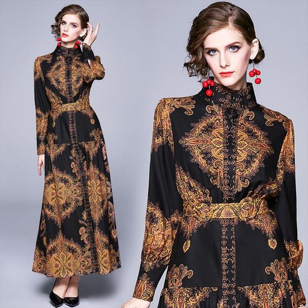 

осень runway зима длинные платья 2020 женщин фонариков рукавом урожай цветочные печати повседневный maxi платье robe longue femme ete, Black;gray