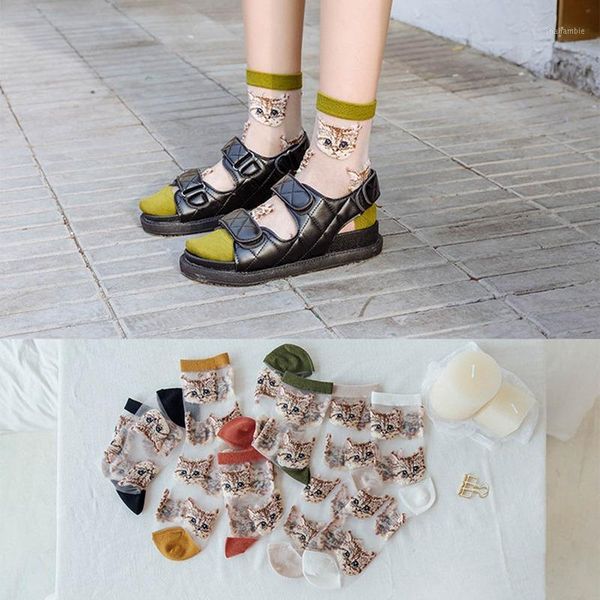 

2020 cartoon women cotton socks spring summer fashion glass filament cat embroidery female socks transparent cute girl1, Black;white