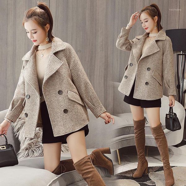 

women's short winter clothes new waist thick striped korean loose double-breasted female woolen jacket1, Black