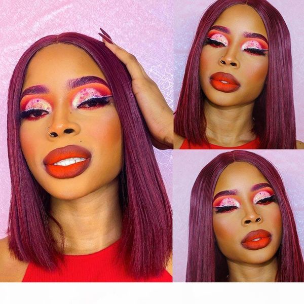 

short red bob human hair lace wigs burgundy 99j peruvian 13x1 lace wigs remy hair baby hd transparent bob wig 150, Black;brown