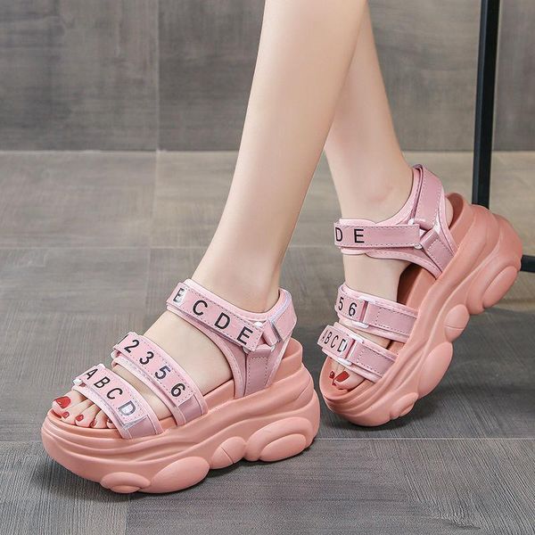 

letter hook & loop platform thick bottom sandals fashion patchwork peep toe hollow out non-slip wedges shoes sewing rome shoes, Black