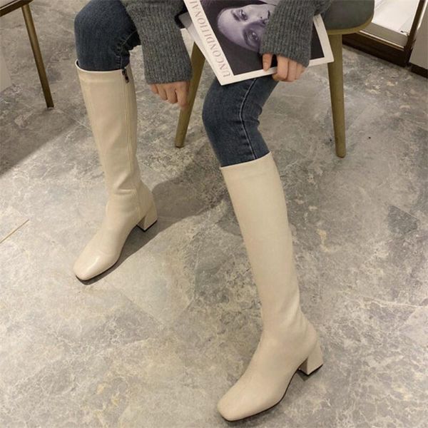 

boots knee high winter autumn shoes woman square toe block heels leather kneehigh for women fashion, Black