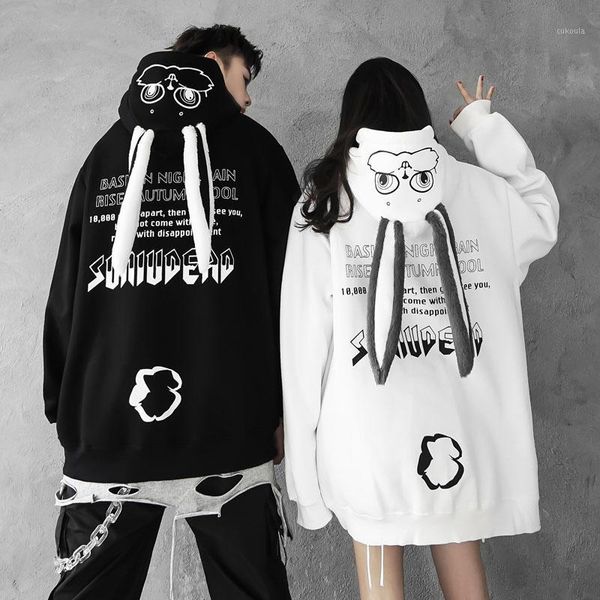 

2020 autumn winter thicken ears hooded sweatshirt casual couple personality oversized cotton hoodie men women1, Black