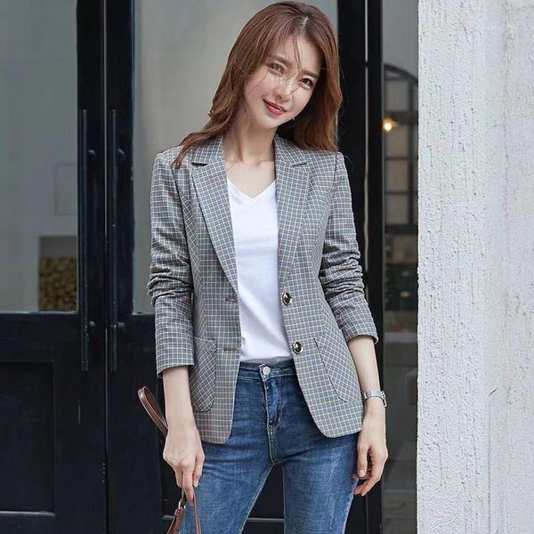 

vintage double breasted office ladies plaid blazer long sleeve elegant slim suit coat jacket women blazers plus size d5591, White;black