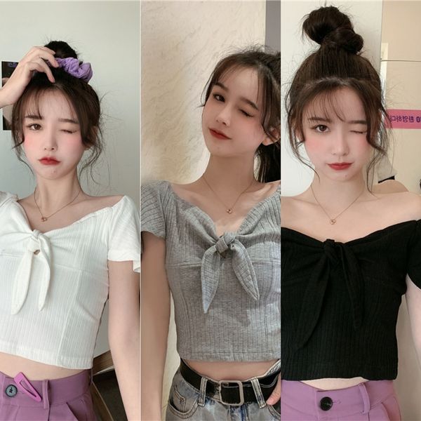 

5703summer new korean design sweet bow knitted short sleeve four colors 5703summer new korean design sweet bow knitted short sleeve butterfl, White;black