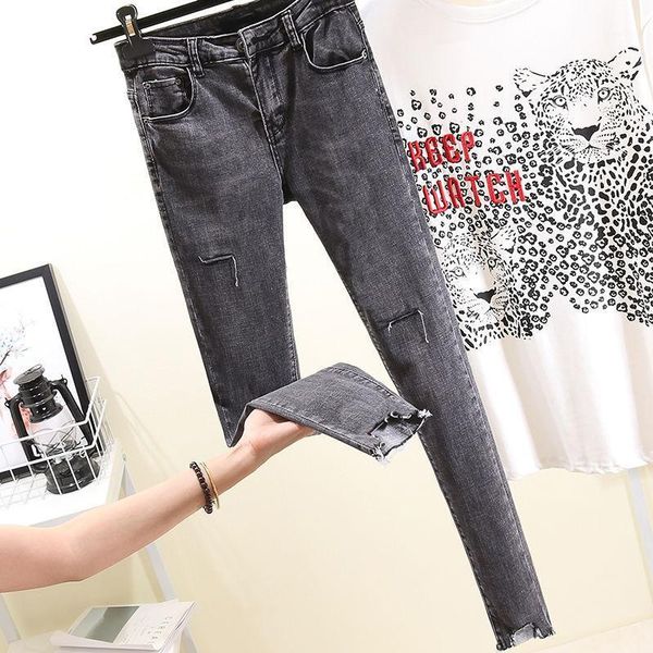 

2020 new spring autumn women vintage hole pencil jeans trousers female high waist boyfriend style fashion slim denim pants l2611, Blue