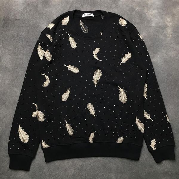 

men's hoodies & sweatshirts 2021 men beaded embroidery feather hoody hooded velvet cotton thick fleece street hip hop #g82, Black